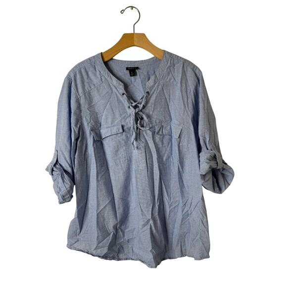 Torrid Blue Cotton Chambray Lace Up V-Neck Roll Tab Sleeve Top Plus Size 2X - Picture 1 of 9
